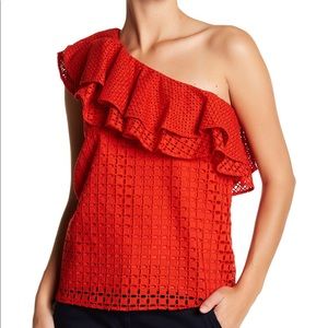 J Crew One Shoulder Red Ruffle Eyelet Top